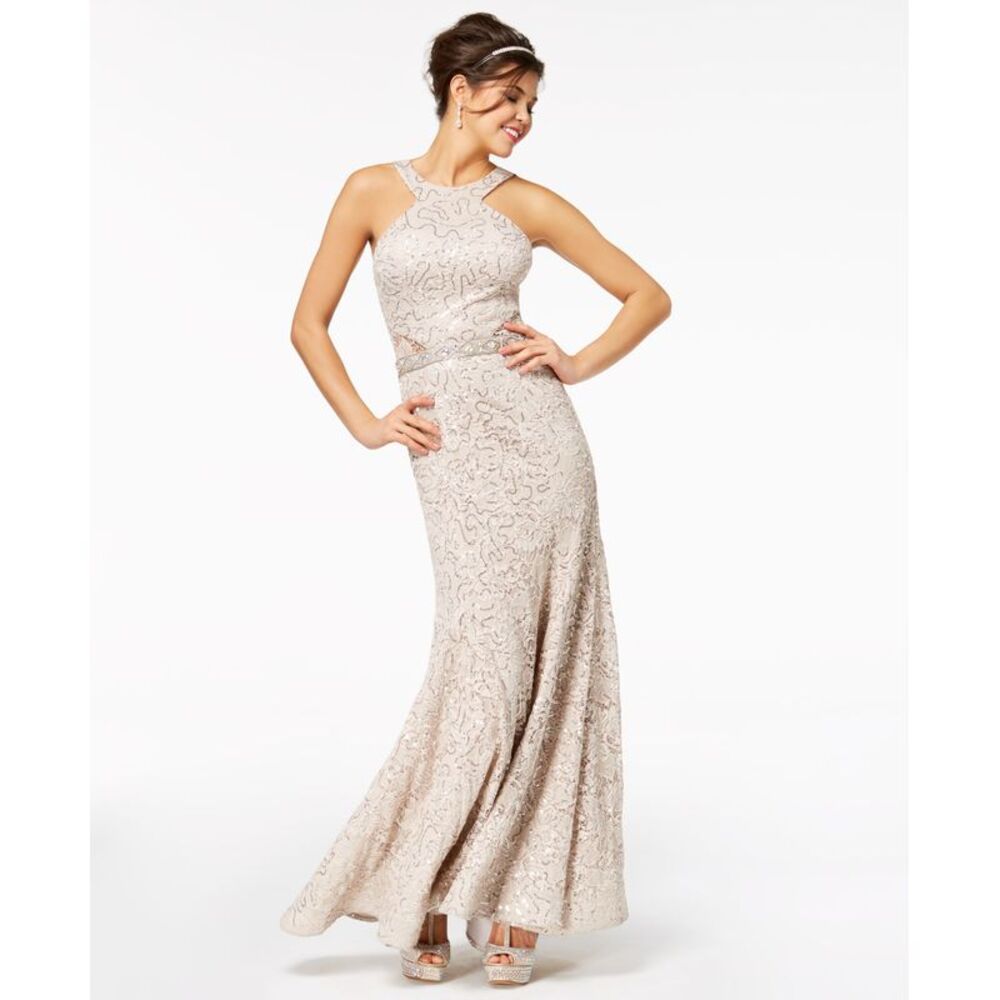 B Darlin Juniors Sequined Lace Halter Gown